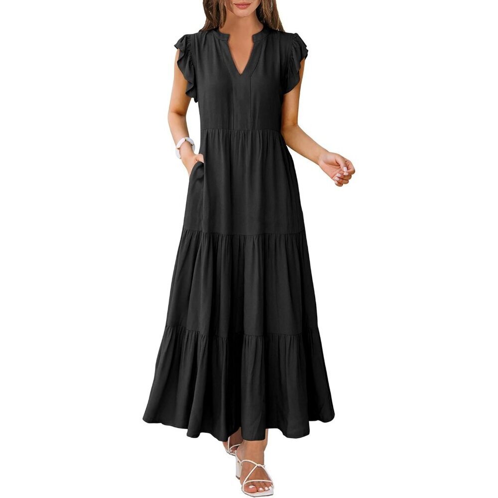 Womens Maxi Dress Cotton V Neck Ruffle Sleeve Boho Beach Vacation Dress